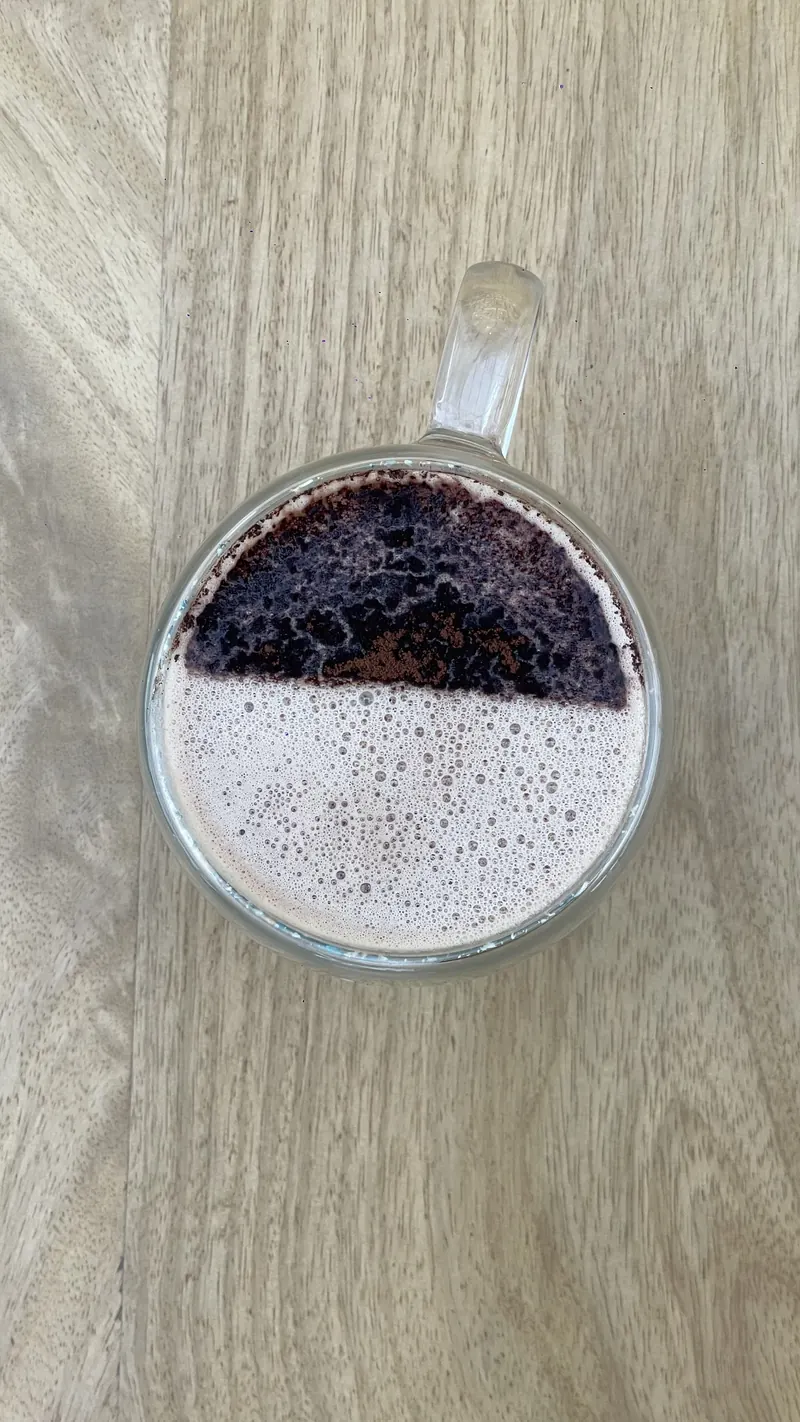 A mocha seen from above, half dusted with cocoa